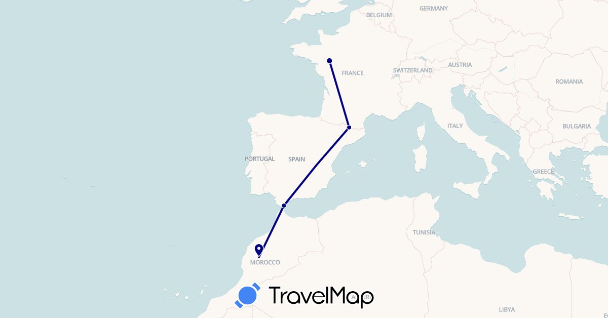 TravelMap itinerary: driving in Andorra, France, Gibraltar, Morocco (Africa, Europe)