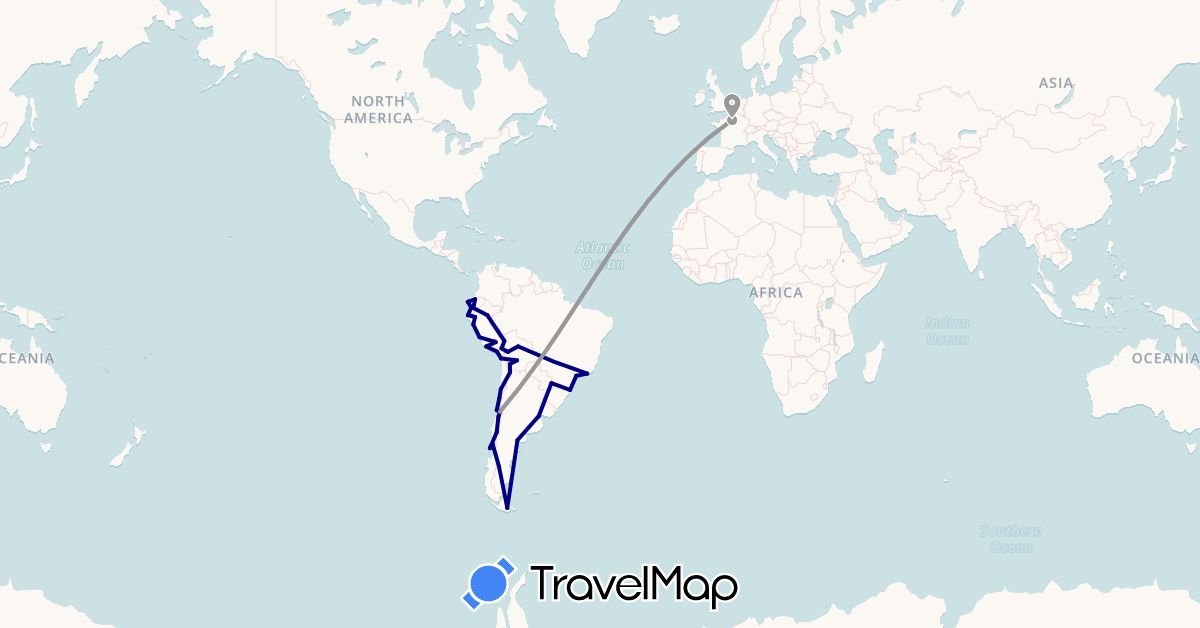 TravelMap itinerary: driving, plane, hiking in Argentina, Bolivia, Brazil, Chile, Ecuador, France, Peru (Europe, South America)
